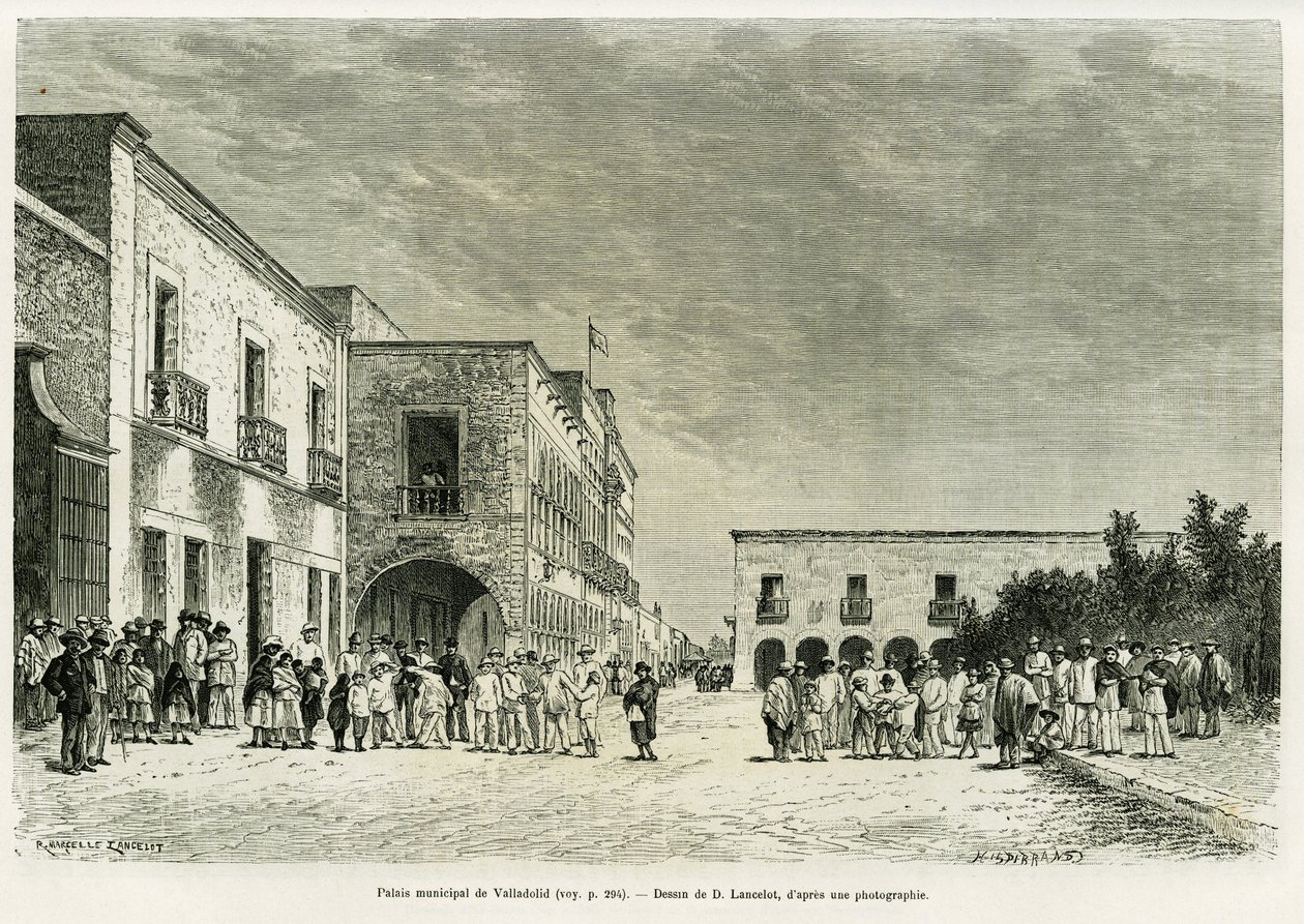 Miejski Pałac Valladolid. Grawerowanie Lancelota ilustrujące historię Ma last ekspedycja na Jukatan, autorstwa Desire Charnay, in le tour du monde 1887, reżyseria Edouard Charton (1807-1890), Hachette, Paryż. autorstwa Dieudonne Auguste Lancelot