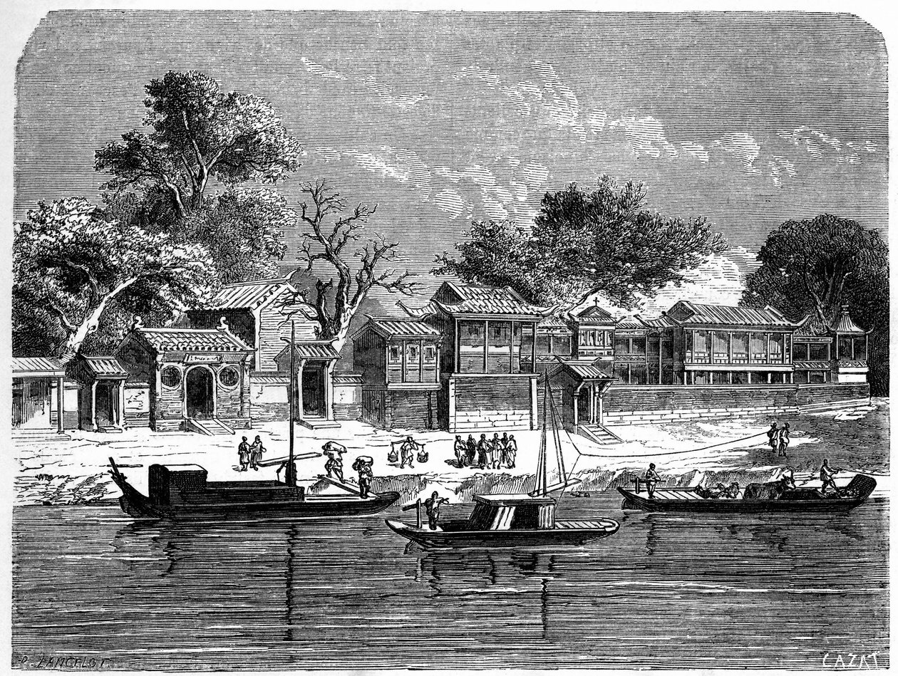 Pałac zaprojektowany dla francuskich misjonarzy w Tien Tsin (Tien-Tsin, Tianjin), Chiny. Grawer Lancelot, w „”Le Tour du Monde, Nouveau journal des Voyages””, pod redakcją Edouarda Chartona, Paryż autorstwa Dieudonne Auguste Lancelot
