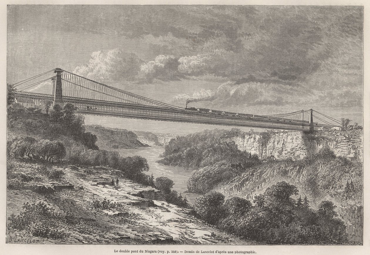 Podwójny most Niagara, rysunek Lancelota, ilustrujący podróże L. Devilla do Ameryki Północnej w latach 1854-55. Grawer w „Le tour du monde” 1861. Kolekcja Selvy. autorstwa Dieudonne Auguste Lancelot