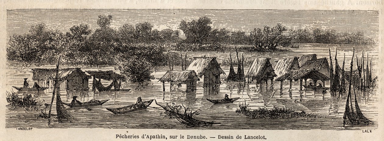 Łowiska Apathin (Serbia), nad Dunajem. Rysunek Lancelota, ilustrujący jego podróż z Paryża do Bukaresztu w 1860 r. Grawer w „”Le tour du monde””, pod redakcją Edouarda Chartona autorstwa Dieudonne Auguste Lancelot