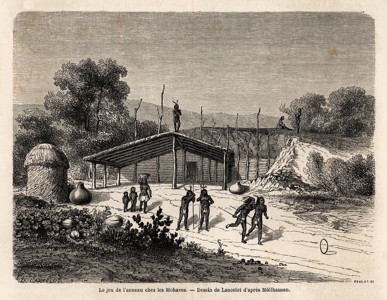 Gra w ring wśród Indian Mohaves, rysowana przez Lancelota, ilustrująca wyprawę Missisipi na Pacyfik w latach 1853-54 Baudouina Mollhausena (1825-1905). Grawerowanie w „”Le tour du monde, nouveau journal des voyages””Paryż autorstwa Dieudonne Auguste Lancelot