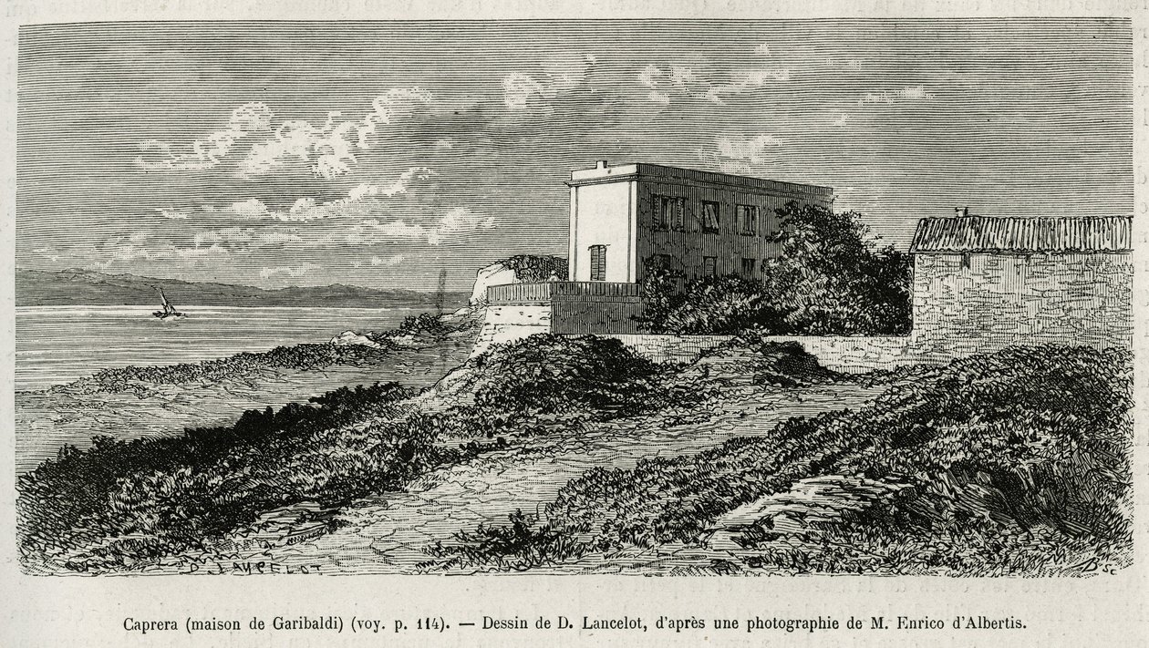 Dom Giuseppe Garibaldiego (1807-1882) w La Caprera (Sardynia), wygrawerowany według rysunku D.Lancelota, aby zilustrować historię dzisiejszej Syrii, autorstwa pana Lorteta, dziekana Wydziału Lekarskiego w Lyonie, któremu powierzono misja naukowa Ministerst autorstwa Dieudonne Auguste Lancelot