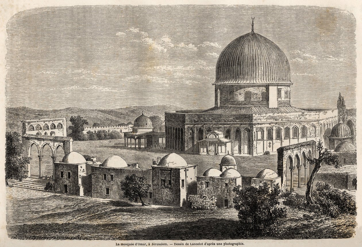 Meczet Omara, zbudowany w 691 r. w Jerozolimie, rysunek Lancelota, ilustrujący podróż Bidy do Palestyny w 1856 r. Rycina w „”Le tour du monde, nouveau journal des voyages””Paryż autorstwa Dieudonne Auguste Lancelot