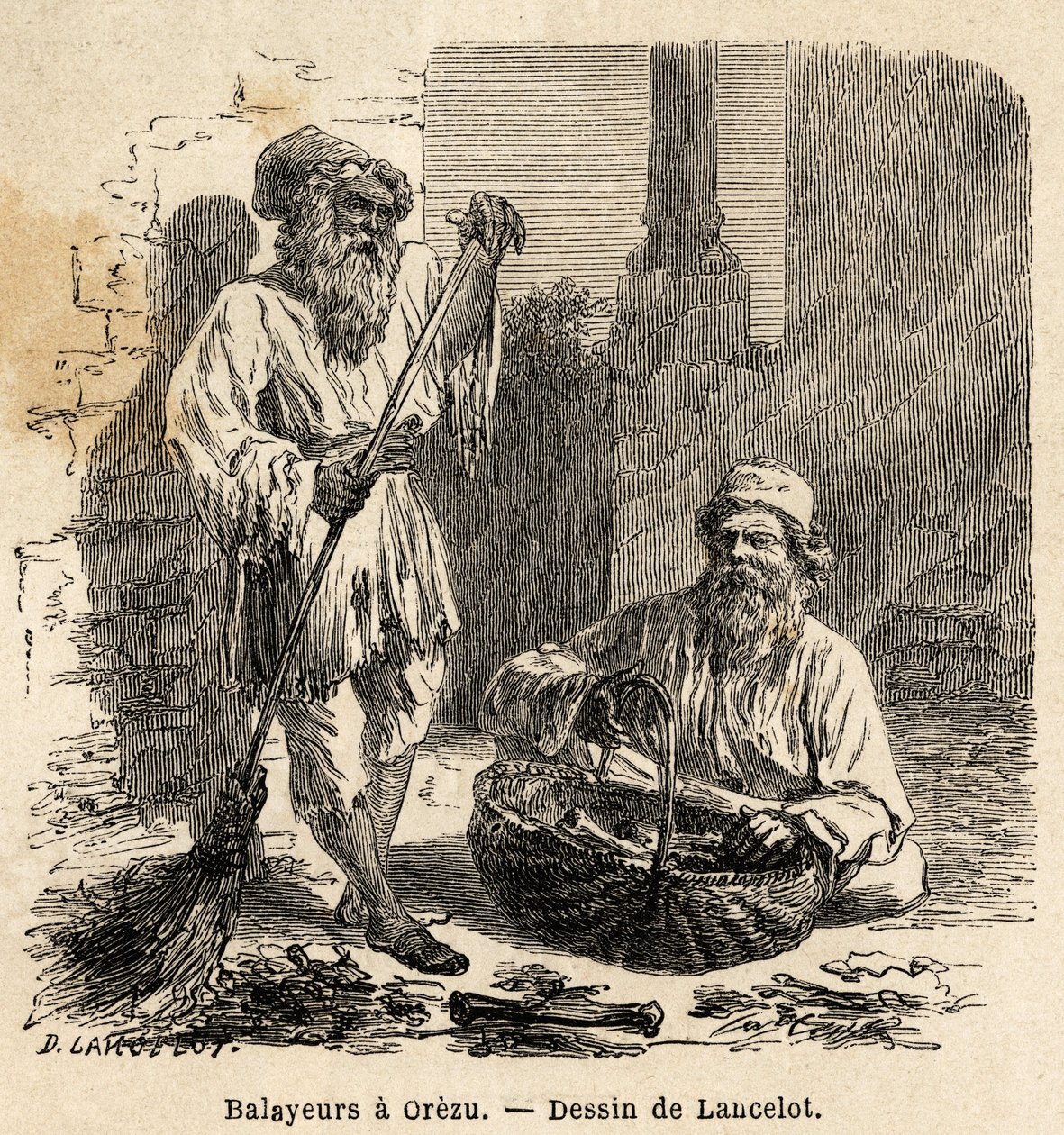 Zamiatacze w Orezu (Rumunia). Rycina ilustrująca podróż z Paryża do Bukaresztu autorstwa Lancelota, rysownika, w 1860 r., opublikowana w „Le tour du monde, nouveau journal des voyages”, pod kierunkiem Edouarda Chartona autorstwa Dieudonne Auguste Lancelot