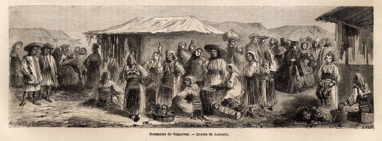 Chodząca populacja Tesmevaru (lub Timisoary) w Rumunii. Rycina ilustrująca podróż z Paryża do Bukaresztu autorstwa Lancelota, rysownika, w 1860 r., opublikowana w „Le tour du monde, nouveau journal des voyages”, pod kierunkiem Edouarda Chartona autorstwa Dieudonne Auguste Lancelot