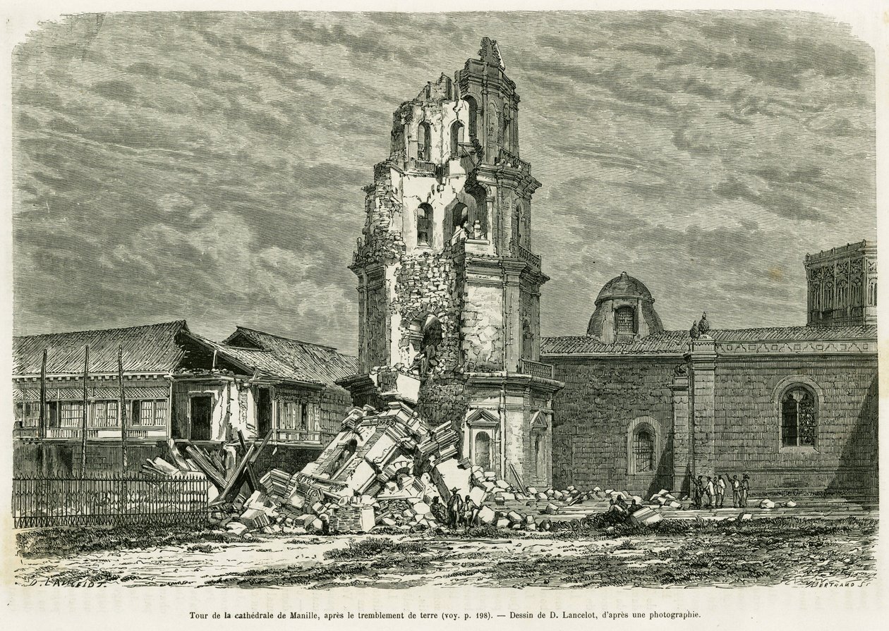 Wieża katedry w Manili, po trzęsieniu ziemi 18 lipca 1880 r. Grawerowanie wykonane przez Lancelota ilustrujące historię Lucon i Palaouan, sześć lat na Filipinach, autorstwa Alfreda Marche autorstwa Dieudonne Auguste Lancelot