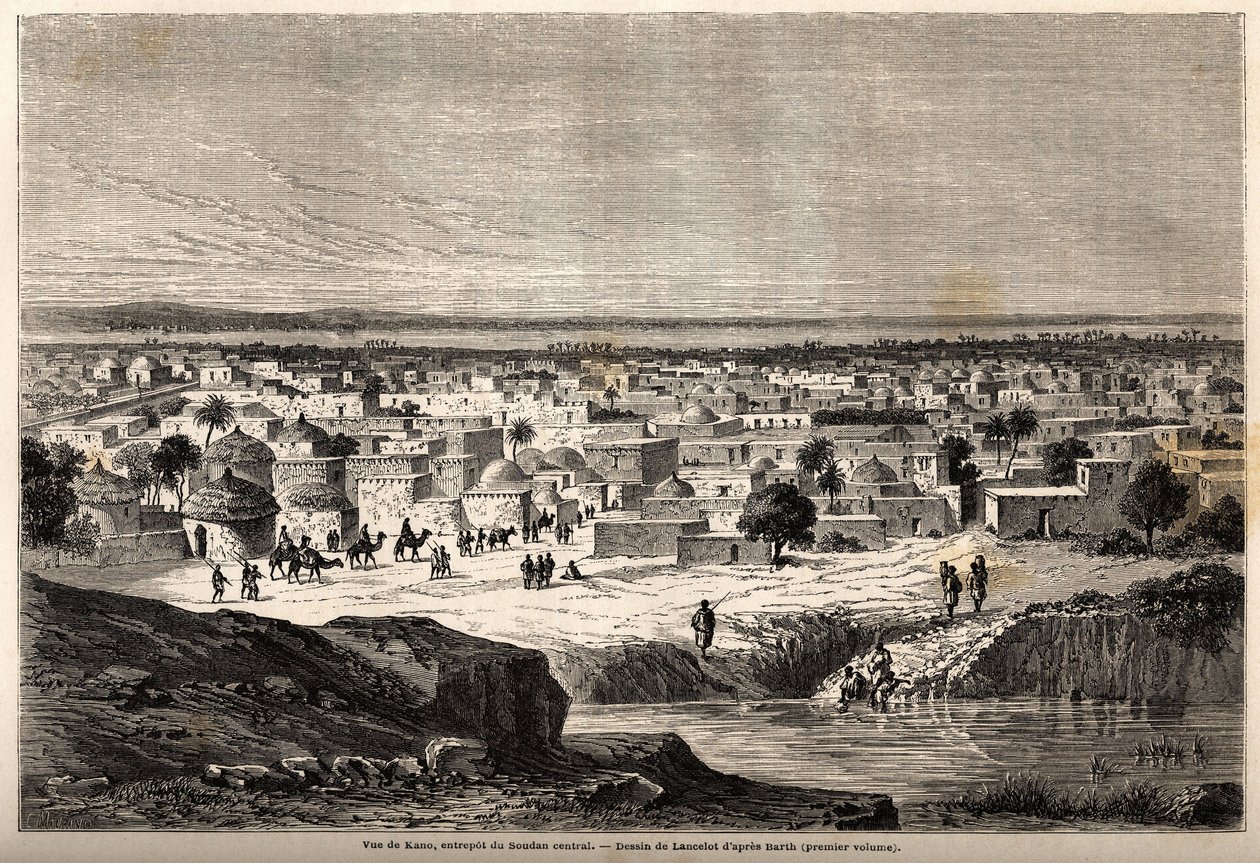 Widok na Kano (miasto i stan na północ od dzisiejszej Nigerii), magazyn środkowego Sudanu, rysunek Lancelota, ilustrujący podróż w latach 1849-1855 do centrum Afryki dr Henri Bartha. Grawer w „”Le tour du monde, nouveau journal des voyages”” autorstwa Dieudonne Auguste Lancelot