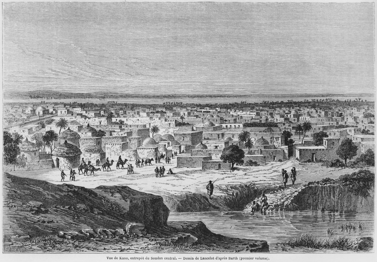 Widok Kano w Nigerii z „Podróże i odkrycia w Afryce Północnej i Środkowej” Heinricha Bartha (1821-65) opublikowanej w „Le Tour du Monde”, sztychowanej przez Charlesa Mauranda (XIX w.) 1860 (rycina autorstwa Dieudonne Auguste Lancelot