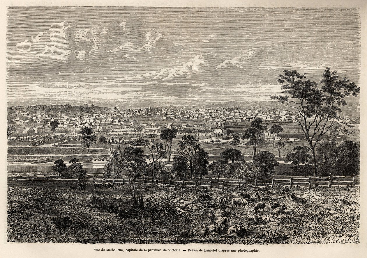 Widok Melbourne (Australia), rysunek Lancelota, ilustrujący wspomnienia francuskiego skłotera w Australii w latach 1854-1859, autorstwa M. de Castella. Grawer w „Le tour du monde” 1861. Kolekcja Selvy. autorstwa Dieudonne Auguste Lancelot
