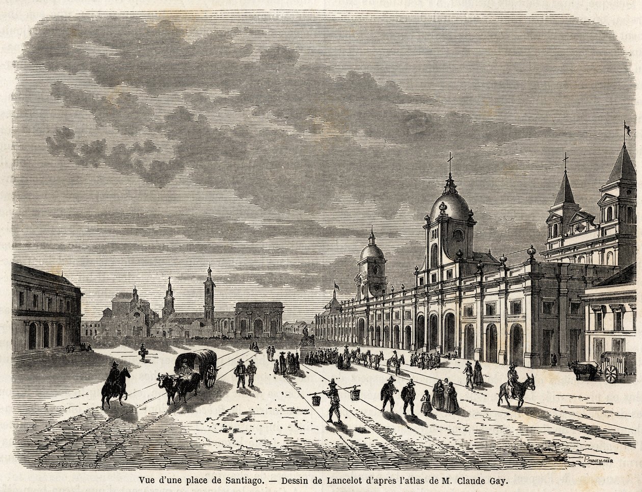 Widok placu w Santiago (Chile), rysunek Lancelota, ilustrujący podróż do Ameryki Południowej w 1823 roku, autorstwa Giovanniego Mastai Ferretti (1792-1878, późniejszy Pius IX). Grawerowanie w „”Le tour du monde, nouveau journal des voyages””Paryż autorstwa Dieudonne Auguste Lancelot