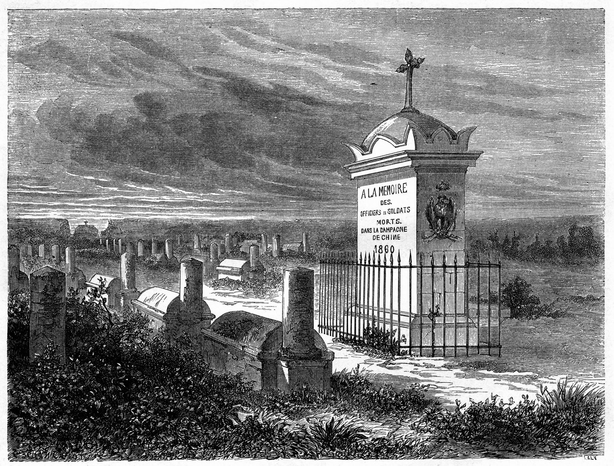 Widok na Cmentarz Francuski w Pekinie (Pekin), Chiny. Grawer według rysunku Lancelota, w „”Le Tour du Monde, Nouveau journal des Voyages””, pod redakcją Edouarda Chartona, Paryż autorstwa Dieudonne Auguste Lancelot