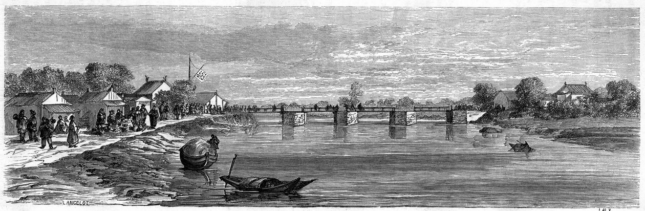 Widok mostu na rzece Suzhou w pobliżu Szanghaju w 1860 roku w Chinach. Grawer Lancelot, w „”Le Tour du Monde, Nouveau journal des Voyages””, pod redakcją Edouarda Chartona, Paryż autorstwa Dieudonne Auguste Lancelot
