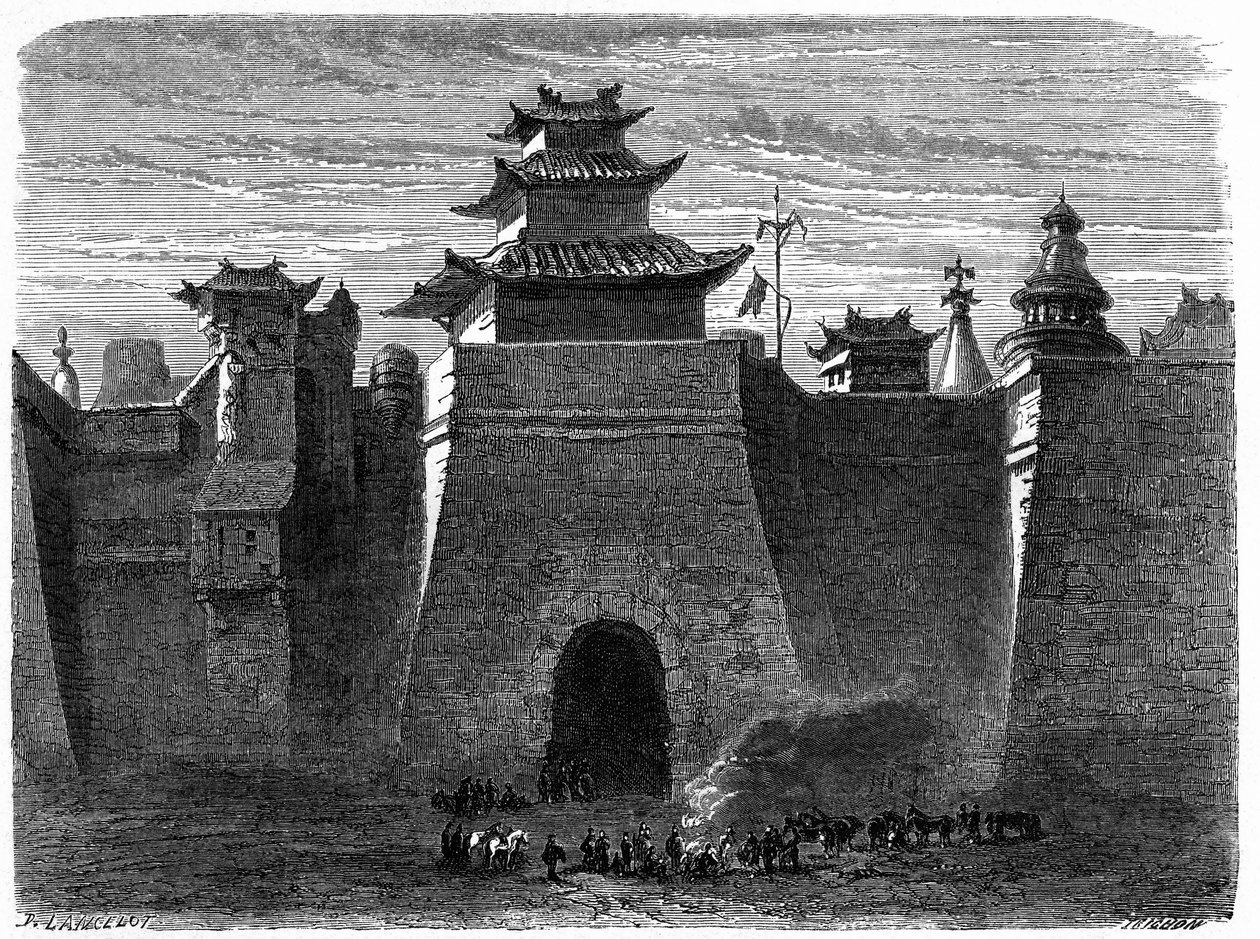 Mury i Brama Pekinu (Pekin), Chiny. Grawer Lancelot, w „”Le Tour du Monde, Nouveau journal des Voyages””, pod redakcją Edouarda Chartona, Paryż autorstwa Dieudonne Auguste Lancelot