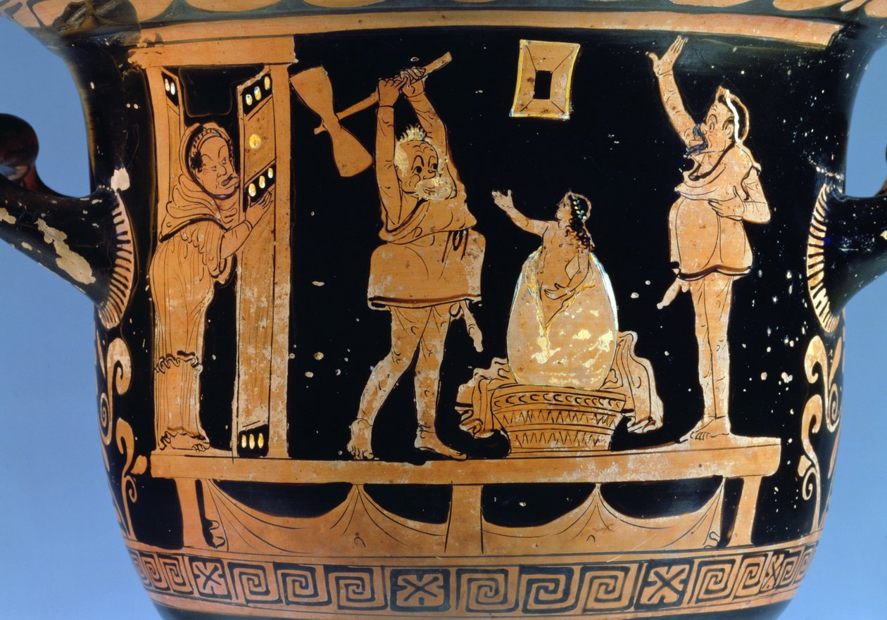 Czerwonofigurowy krater dzwonów: detal dekoracji przedstawiający scenę ze sztuki, detal ceramiczny z Apulii, 85027 autorstwa Dijon Painter