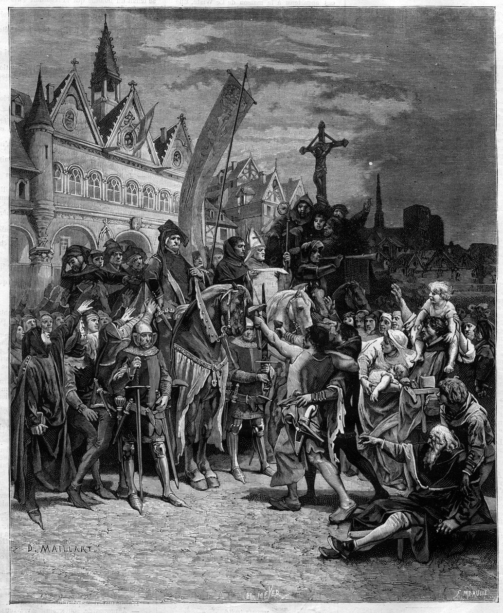 Etienne Marcel i odczytanie wielkiego zarządzenia z 1357 r. ustanawiającego monarchię kontrolowaną przez stany generalne - rycina wg obrazu Diogene Ulysse Napoleon Maillart (1840-1926) autorstwa Diogene Ulysse Napoleon Maillart