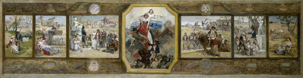 Szkic sali ślubów w ratuszu 19. dzielnicy Paryża: Trójkolorowa flaga, republikańskie alegorie autorstwa Diogene Ulysse Napoleon Maillart