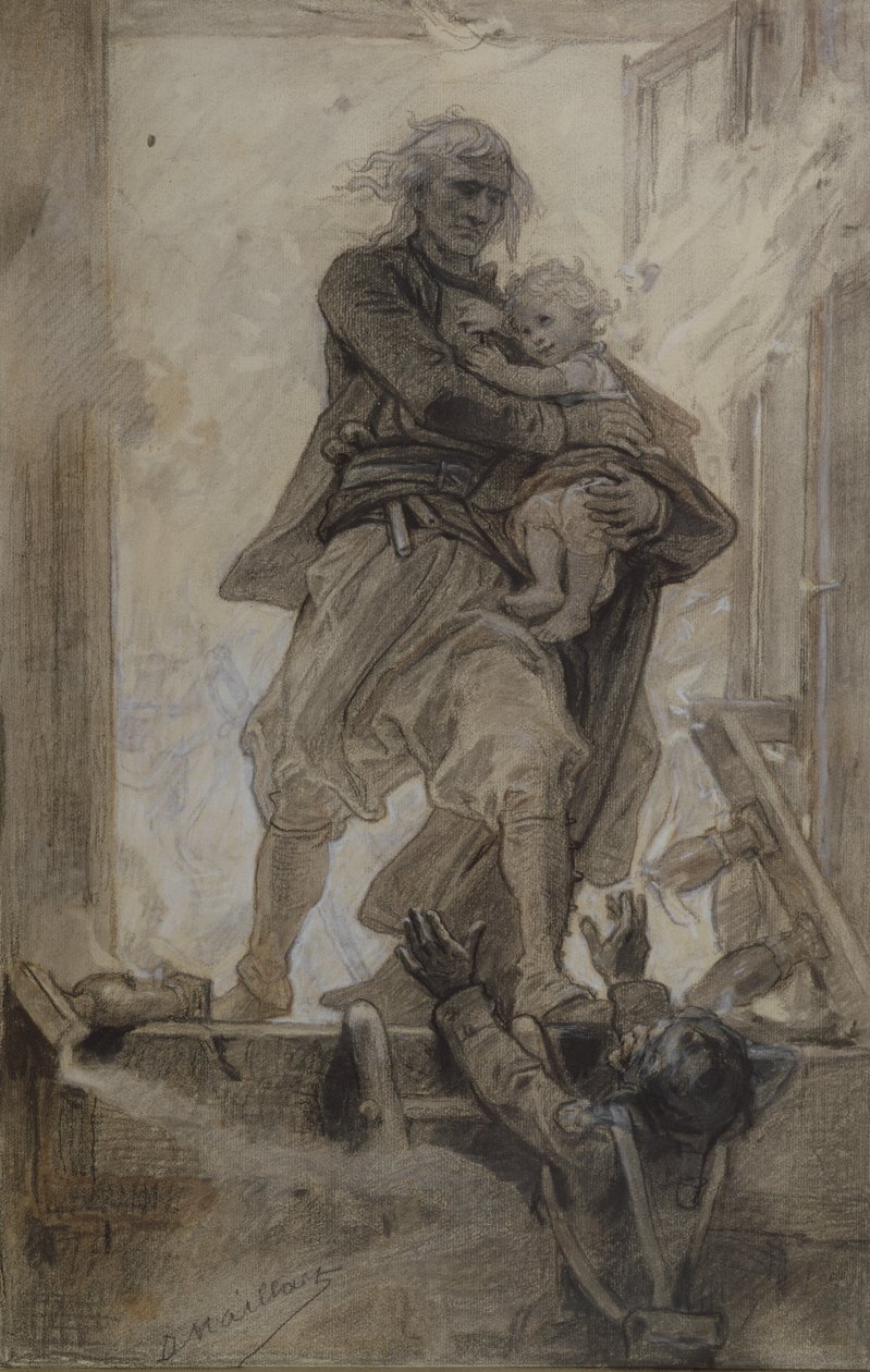 Markiz Lantenac ratujący dziecko, ilustracja z Quatre-vingt-treize autorstwa Victora Hugo (1802-1885) (ołówek, kredka i gwasz na papierze) autorstwa Diogene Ulysse Napoleon Maillart