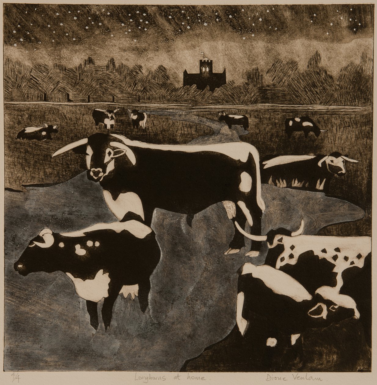 Longhorns w domu, 2017 (kolaż) autorstwa Dione Verulam