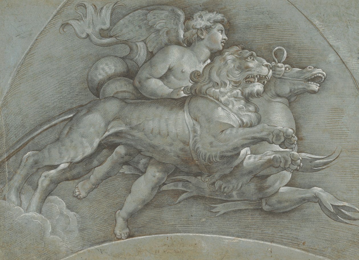 Skrzydlaty Putto na koniku morskim i lwie według Rafaela, verso..., 1574. autorstwa Dionisio Calvaert