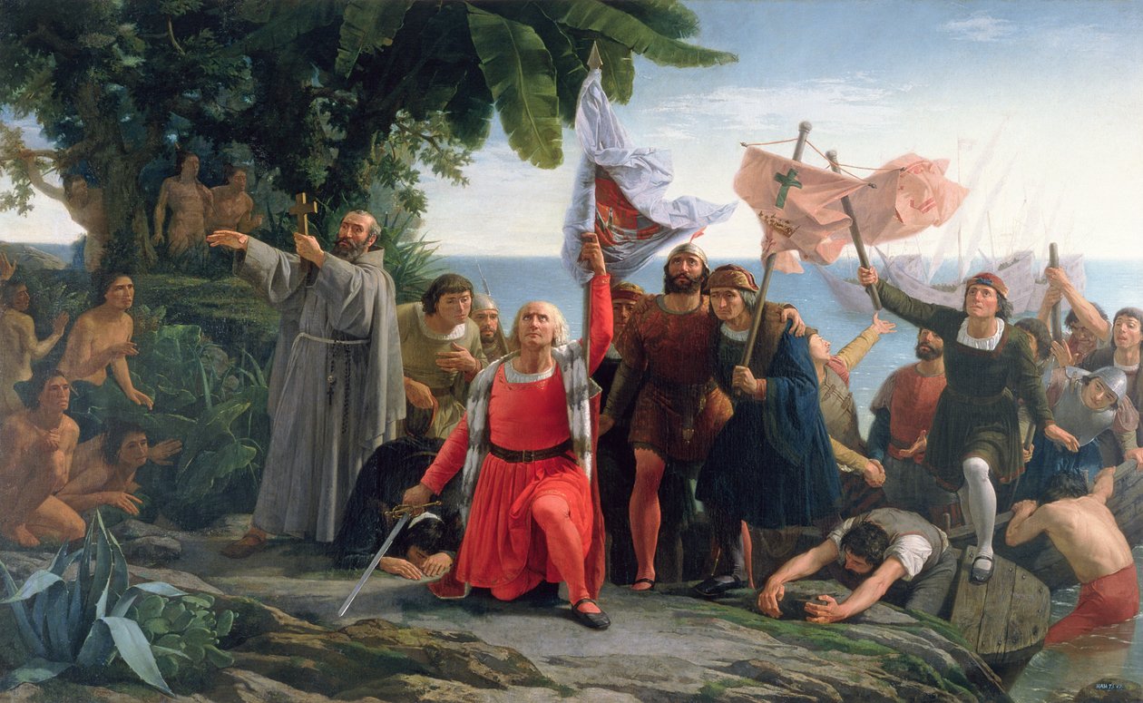 Pierwsze lądowanie Krzysztofa Kolumba (1450–1506) w Ameryce, 1862 r. autorstwa Dioscoro Teofilo Puebla Tolin