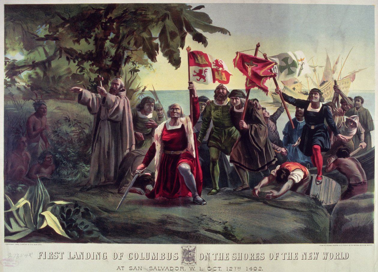Pierwsze lądowanie Kolumba na wybrzeżu Nowego Świata w San Salvador, 12 października 1492, wyd. przez Currier i Ives autorstwa Dioscoro Teofilo Puebla Tolin