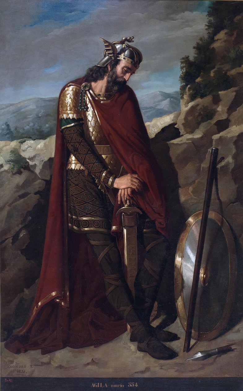 Portret króla Wizygotów Agili I Hiszpanii (zm. 555) (Król Wizygotów Agila lub Achila, Akhila, Aquila, Agil I) Obraz Dioscoro Teofilo Puebla Tolin (1831-1901) 1856 Pałac Sądów, Madryt autorstwa Dioscoro Teofilo Puebla Tolin