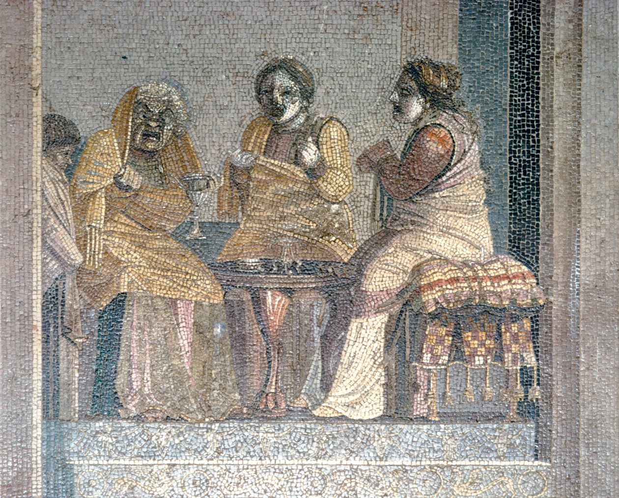 Mozaika rzymska przedstawiająca Scena z zabawy z zamaskowanymi aktorami, Willa Cycerona, Pompeje, II w. p.n.e autorstwa Dioscurides of Samos