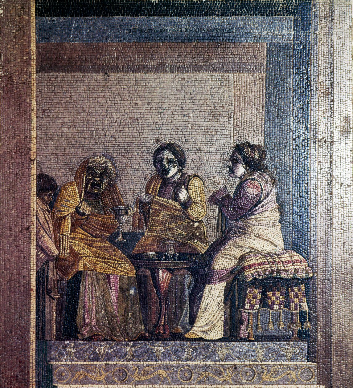 Mozaika rzymska przedstawiająca Scena z zabawy z zamaskowanymi aktorami, Willa Cycerona, Pompeje, II w. p.n.e autorstwa Dioscurides of Samos