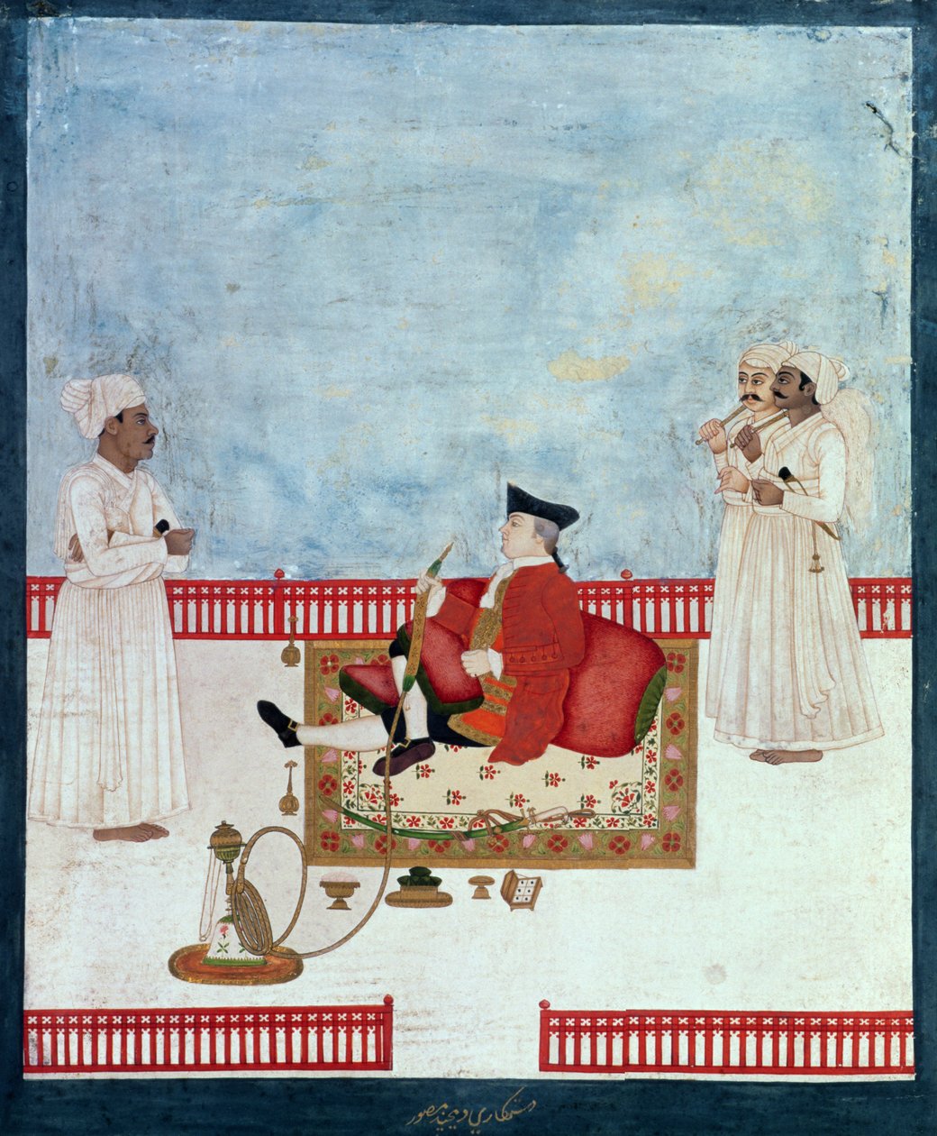 Europejczyk siedzący na tarasie z opiekunami, ok. 1760-63 (indyjska miniatura) autorstwa Dip Chand