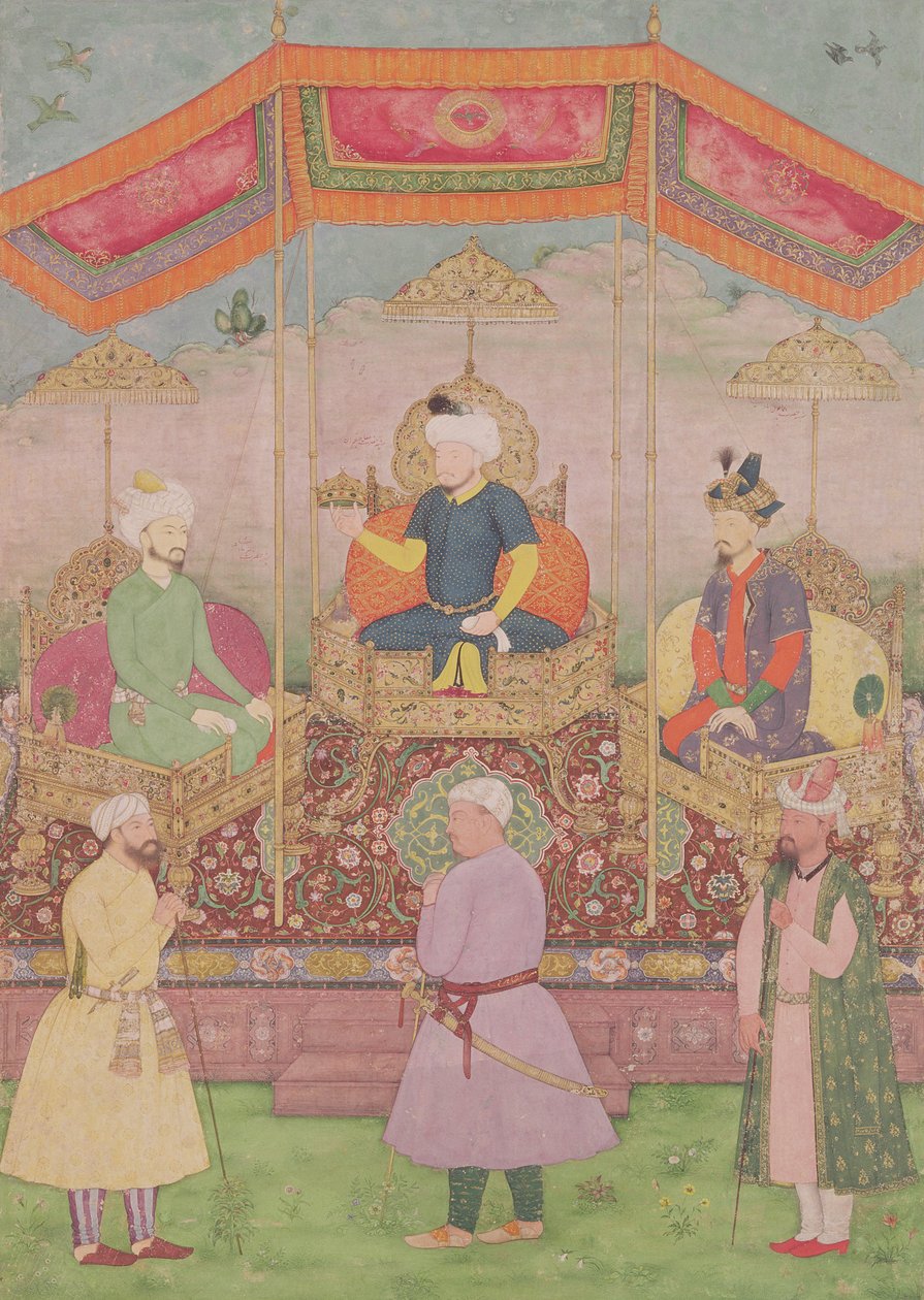 Cesarz Mogołów Babur i jego syn, Humaj, miniatura indyjska z Radżastanu, XVI w. autorstwa Dip Chand