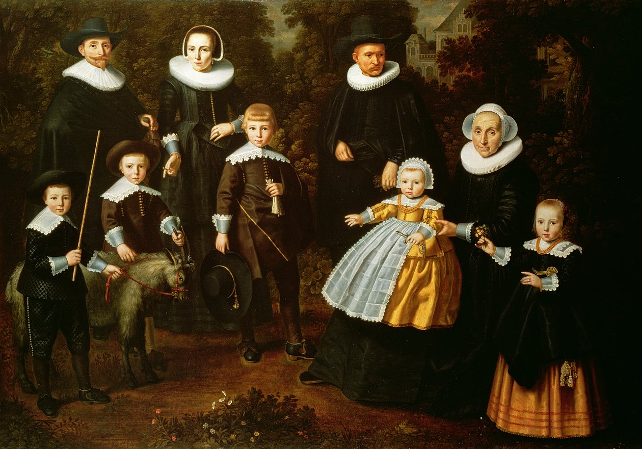 Grupowy portret trzech pokoleń rodziny na terenie wiejskiego domu autorstwa Dirck Santvoort