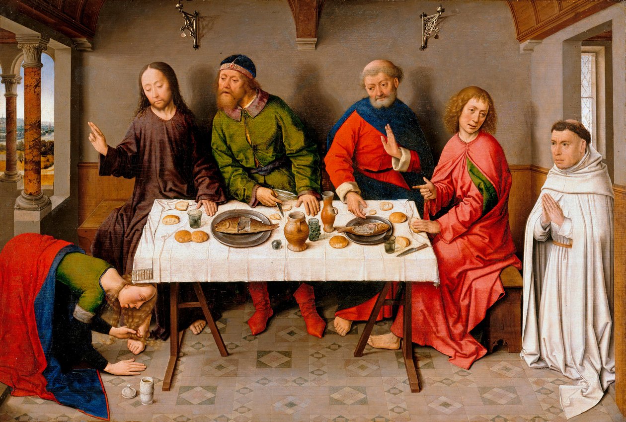 "Chrystus u Szymona Faryzeusza" (Chrystus w Domu Szymona Faryzeusza) Maria Magdalena nakłada maść na stopy Jezusa - Obraz Dirka (Dierica) Bouts, dit le Vieux (1410/20-1475) , c 1450 - Olej na drewnie, 40,5x61 - Staatliche Museen, Berl autorstwa Dirck Bouts