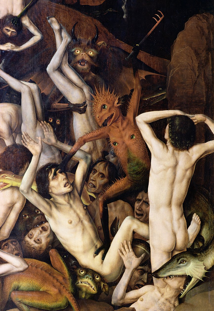 Do diabła, szczegół demona uderzającego w przeklętych, ok.1450 autorstwa Dirck Bouts
