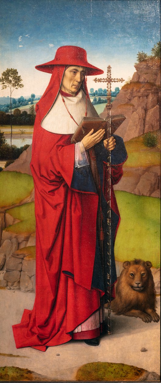 Kościół parafialny (Parochiekerk Sint-Pieter). Obraz. Napady Dirka. Męczeństwo św. Erazma. Ca 1460-1464. Szczegół. Lewy panel autorstwa Dirck Bouts