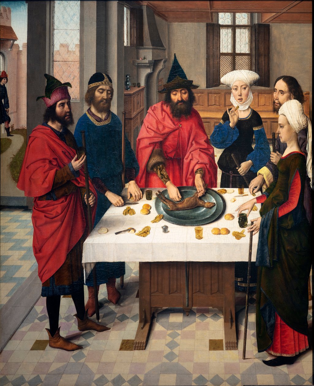 Kościół parafialny (Parochiekerk Sint-Pieter). Obraz. Ostatnia Wieczerza. Napady Dirka. 1464-1468. Szczegół. Lewy panel. autorstwa Dirck Bouts