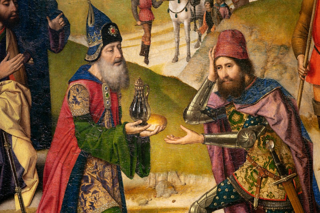 Kościół parafialny (kościół parafialny św. Piotra). obraz. Ostatnia Wieczerza. Szturmowce. 1464-1468. Szczegół. Lewy panel. autorstwa Dirck Bouts