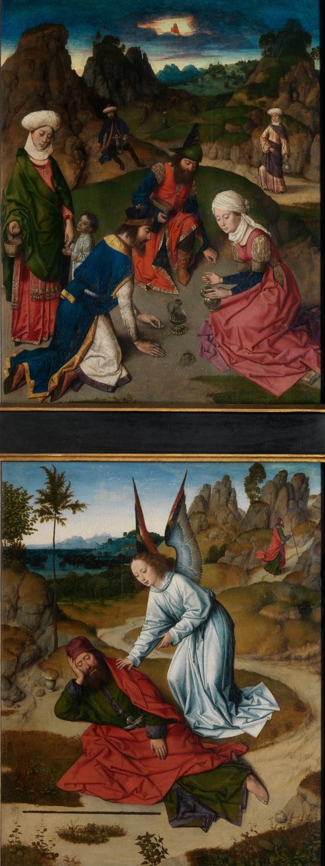 Zbiórka Manny i Eliasza na pustyni, z Ołtarza Najświętszego Sakramentu, ok. 1464-68 (olej na desce) autorstwa Dirck Bouts