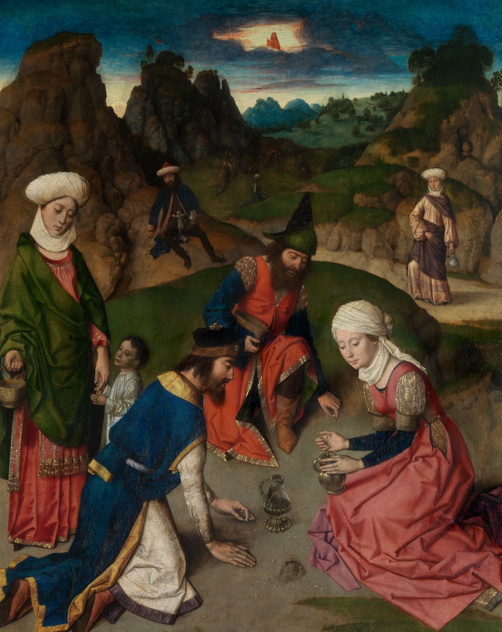 Zbieranie Manny, fragment Ołtarza Najświętszego Sakramentu, ok. 1464-68 (olej na desce) autorstwa Dirck Bouts