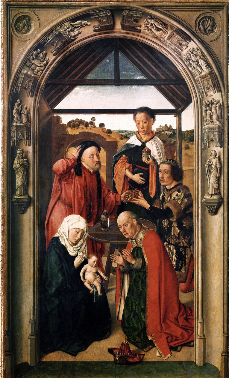 Adoracja Trzech Króli (olej na drewnie, ok. 1445) autorstwa Dirck Bouts
