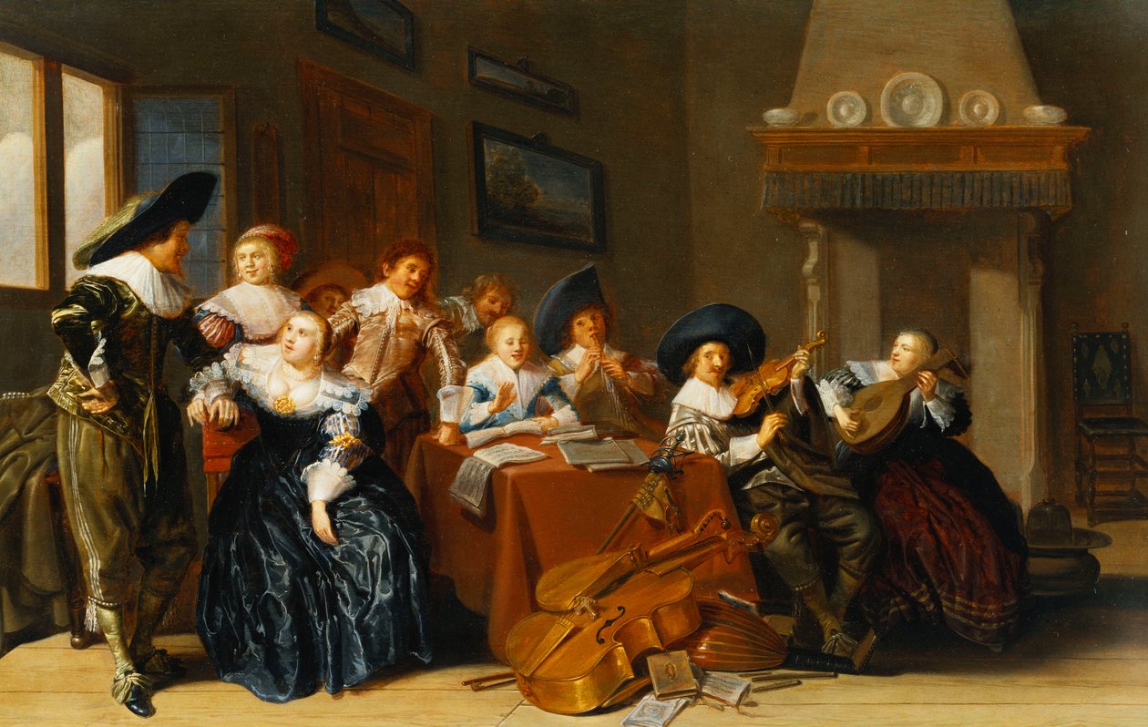 Eleganckie postacie z instrumentami siedzącymi przy stole i młoda dama śpiewająca we wnętrzu, 1637 autorstwa Dirck Hals