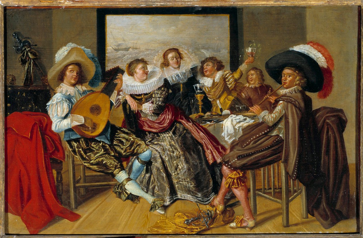 Gallant Meeting Muzycy i młode kobiety grające muzykę i podnoszące kieliszki na imprezie. Obraz Dirka Halsa (1591-1656) 1625 nd. 0,3x0,46m² autorstwa Dirck Hals