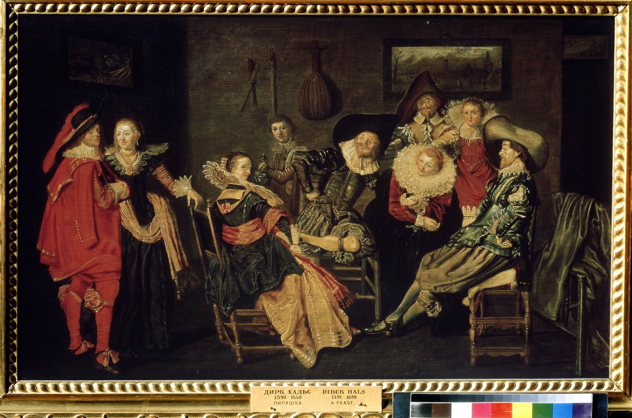 ""The Merry Company"" (The Merry Company) Przyjęcie w zamożnej holenderskiej rezydencji, stół elegancko ubranych mieszczan. Obraz Dircka Halsa (1591-1656) XVII wiek Wymiary 41x66 cm Muzeum Puszkina, Moskwa autorstwa Dirck Hals