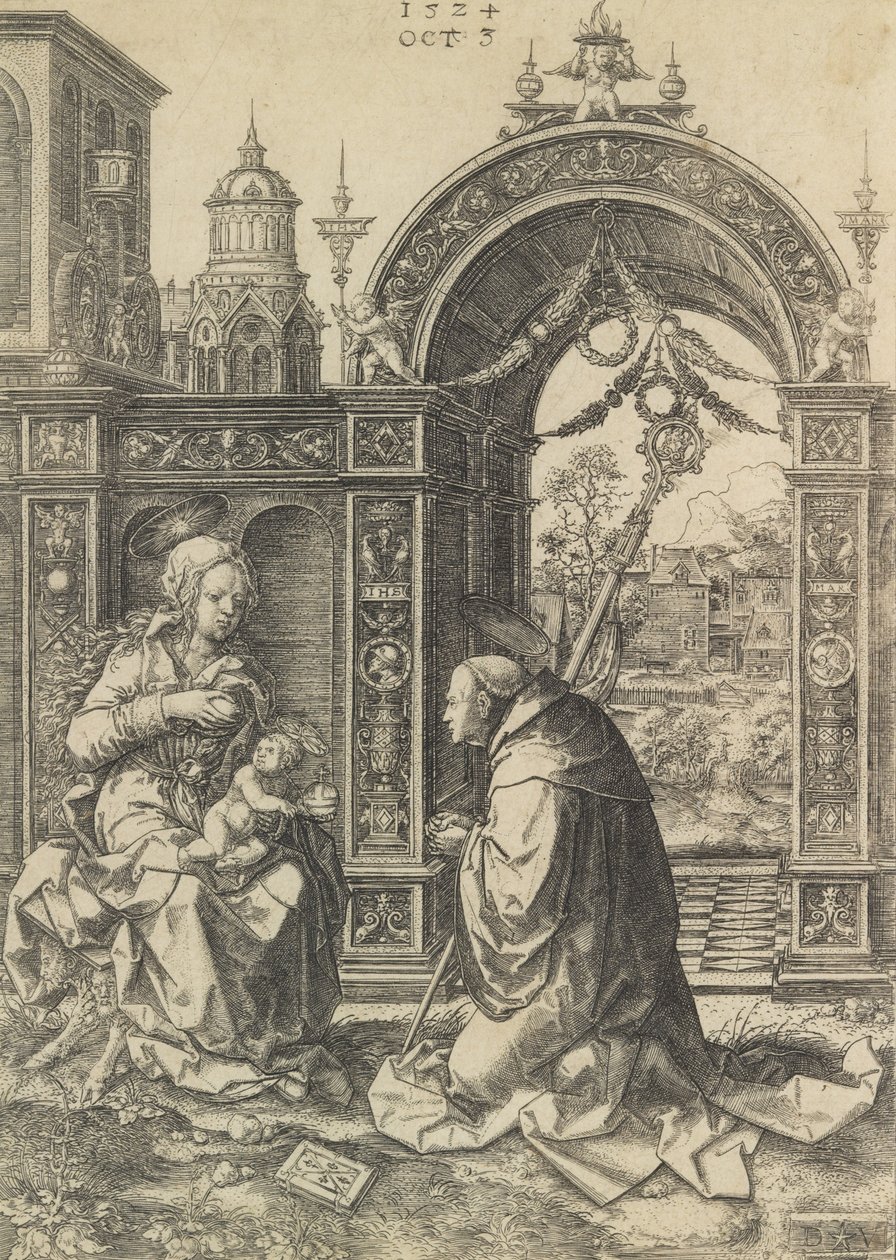 Św. Bernard adorujący Dzieciątko Jezus, 5 października 1524. autorstwa Dirck Vellert