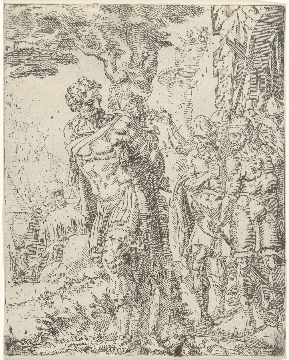 Achior przywiązany do drzewa Judit i Holofernes (tytuł serii) autorstwa Dirck Volckertsz. Coornhert (attributed to)