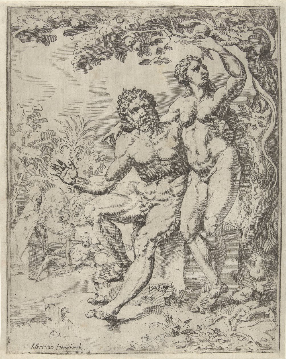 Adam i Ewa zbierają zakazany owoc Upadek i odkupienie ludzkości przez życie i mękę Chrystusa (tytuł serii) autorstwa Dirck Volckertsz. Coornhert (attributed to)