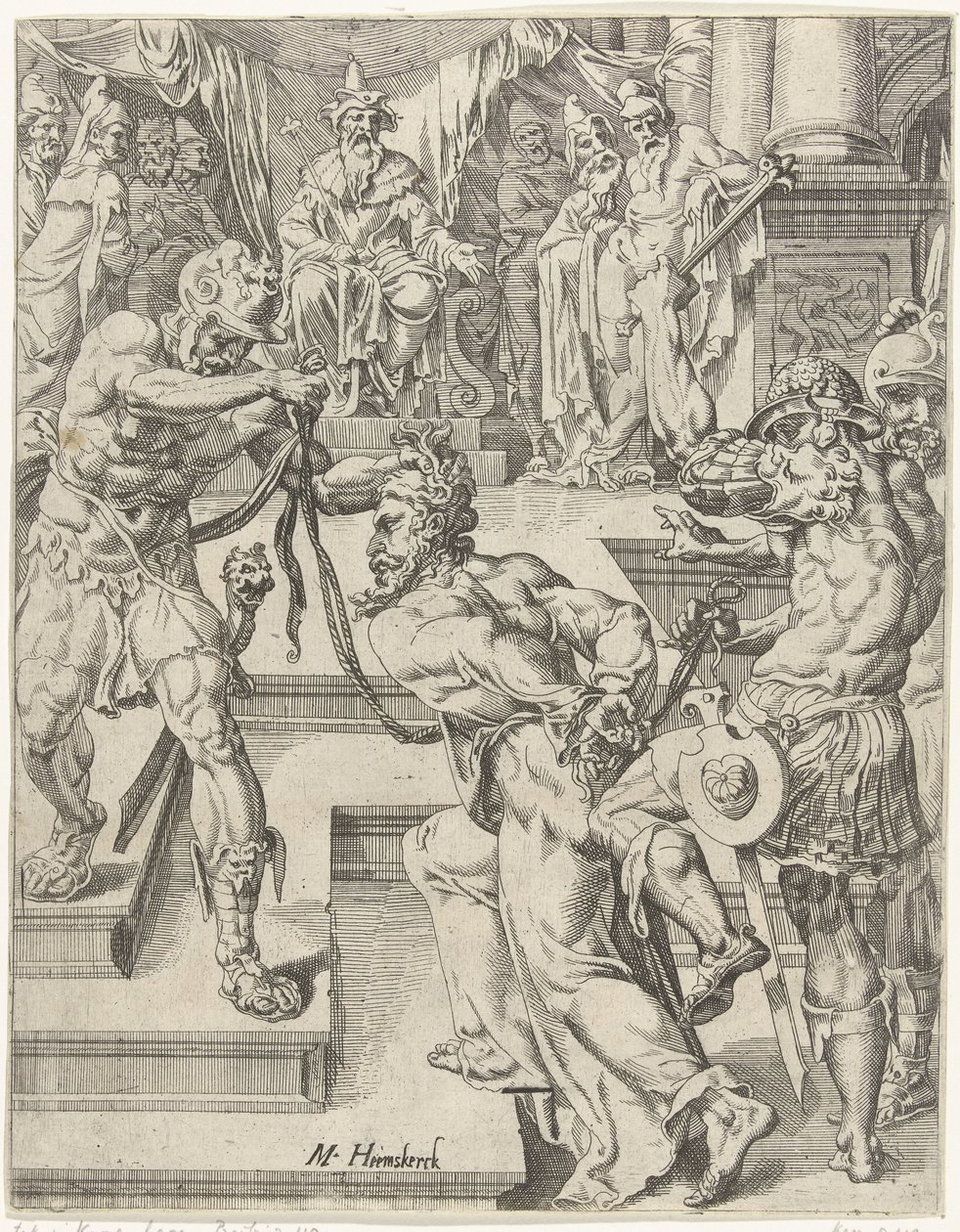 Chrystus przed Kajfaszem Upadek i odkupienie ludzkości przez życie i mękę Chrystusa (tytuł serii) autorstwa Dirck Volckertsz. Coornhert (attributed to)