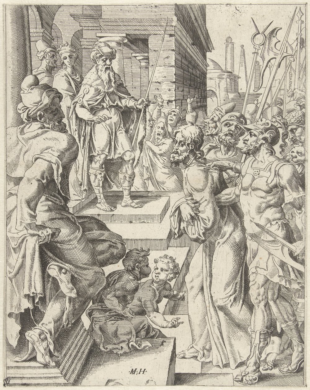 Chrystus przed Piłatem Upadek i odkupienie ludzkości przez życie i mękę Chrystusa (tytuł serii) autorstwa Dirck Volckertsz. Coornhert (attributed to)