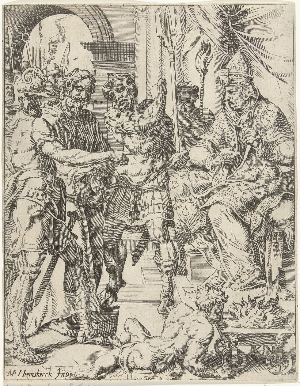 Chrystus przed arcykapłanem Annaszem Upadek i odkupienie ludzkości przez życie i mękę Chrystusa (tytuł serii) autorstwa Dirck Volckertsz. Coornhert (attributed to)