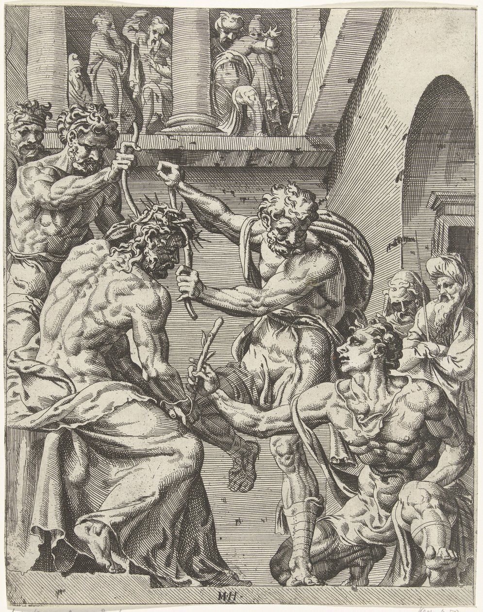 Chrystus ukoronowany koroną cierniową Upadek i odkupienie ludzkości przez życie i mękę Chrystusa (tytuł serii) autorstwa Dirck Volckertsz. Coornhert (attributed to)