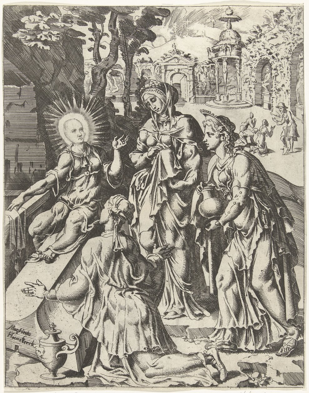 Święte kobiety przy grobie Upadek i odkupienie ludzkości przez życie i mękę Chrystusa (tytuł serii) autorstwa Dirck Volckertsz. Coornhert (attributed to)